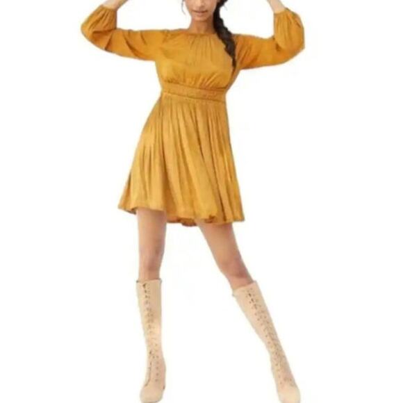 Maeve Anthropologie Saniya Pleated Long Sleeve Mini Dress in Gold - Picture 1 of 11